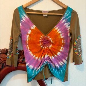 Y2K Jorando Colorful Tie-Dye V-Neck Hippie Fairy Beaded Sequin Sleeve Top